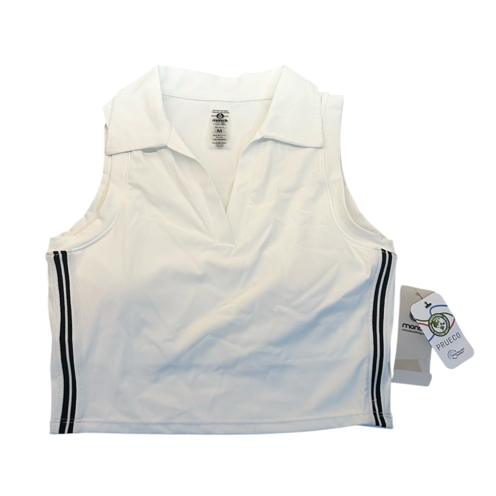 Mono‎ B Athletic White Crop Top With Black Stripes Collared Size Medium NWT NEW